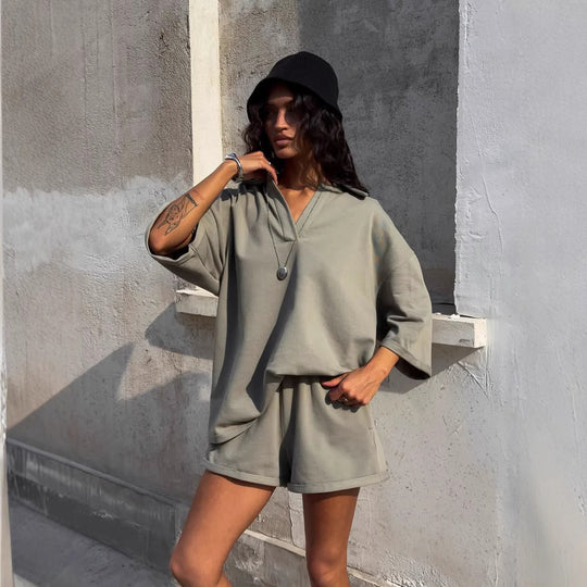 Damen lässiges Polo-Kleid mit bequemen 3/4-Ärmeln und modernem Ausschnitt R&B