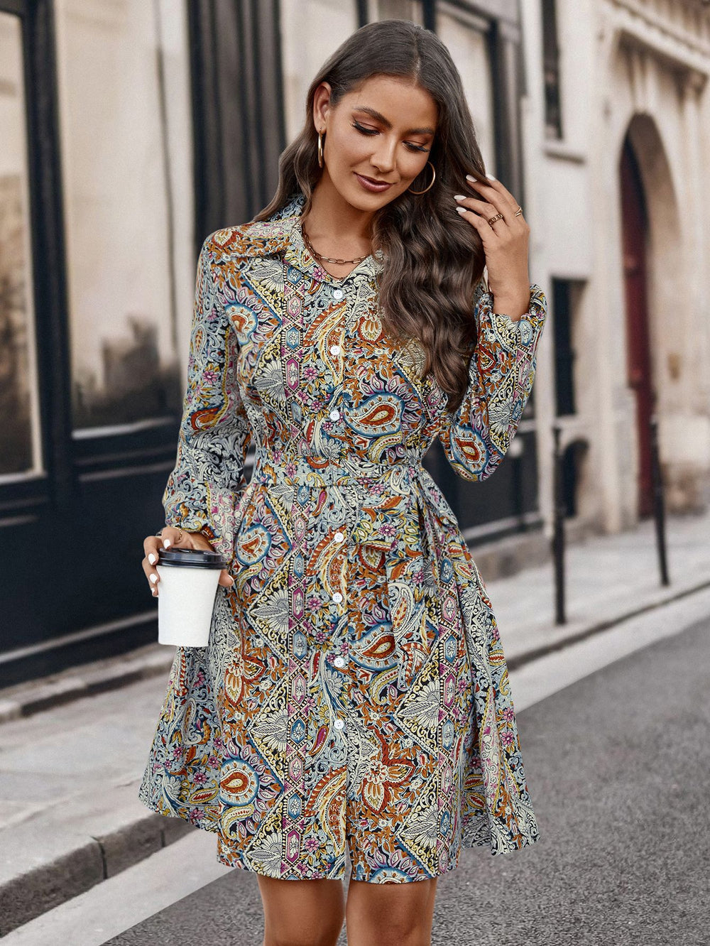 Damen Hemdblusenkleid mit buntem Paisleymuster und Gürtel R&B