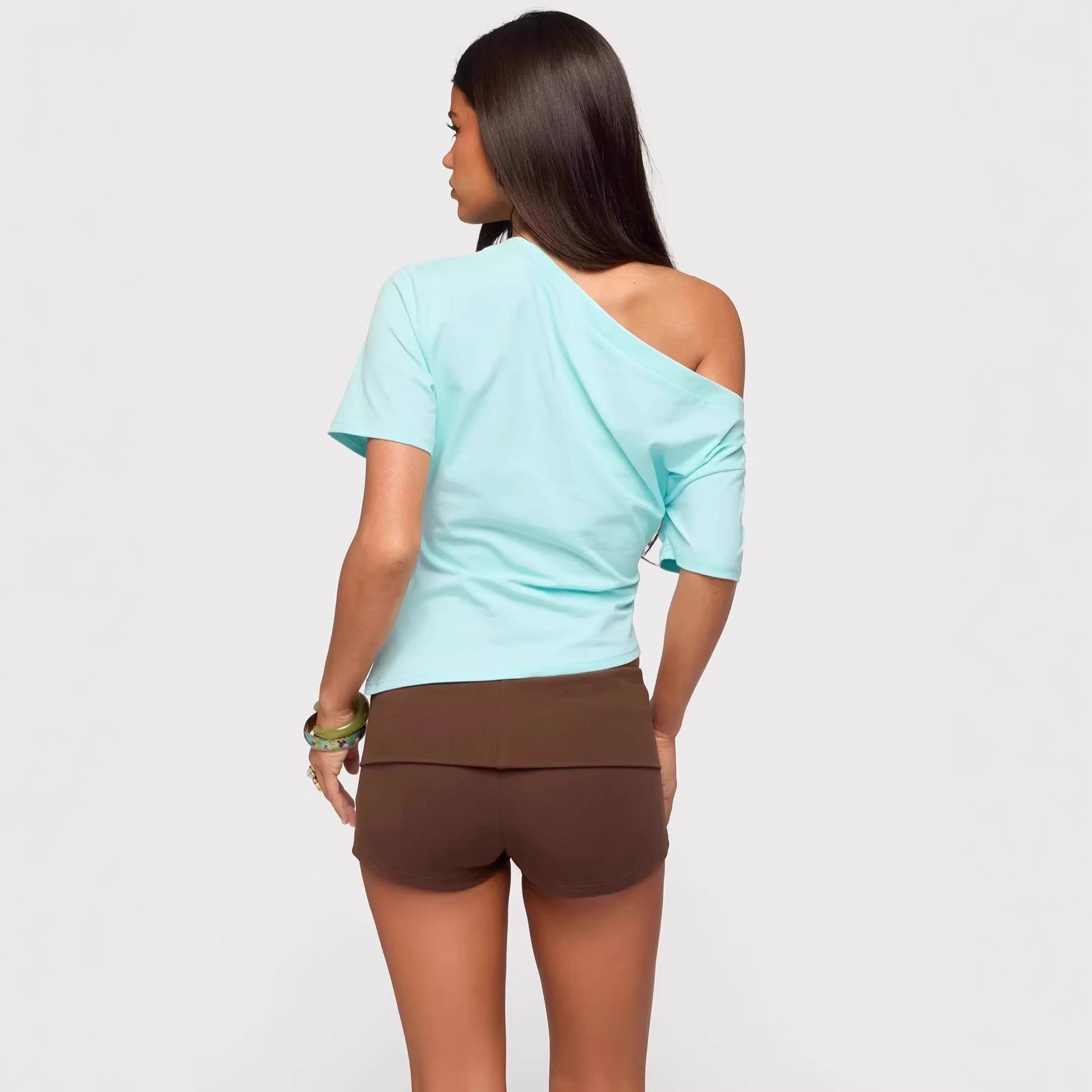 Damen asymmetrisches Oberteil mit schulterfreiem Design und kurzen Ärmeln R&B