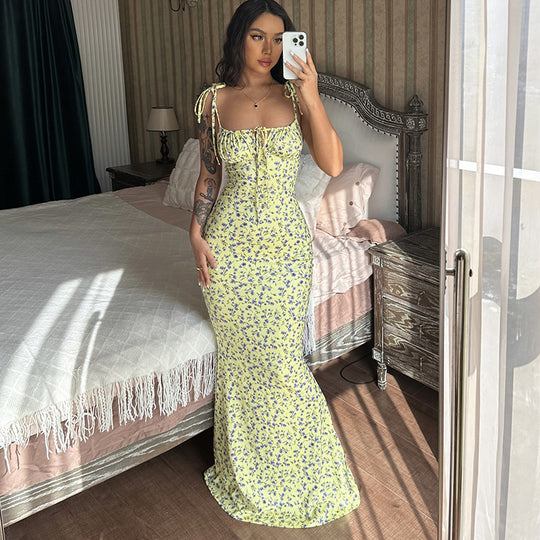 Damen Maxikleid mit zarten Blumenmustern und verstellbaren Spaghettiträgern R&B
