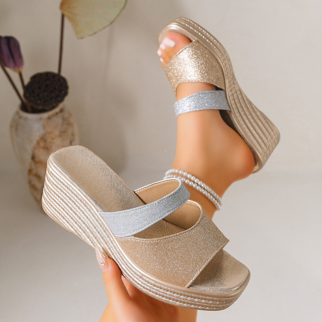 Damen Wedge-Pantoletten mit funkelnden Riemen und komfortablem Fußbett R&B