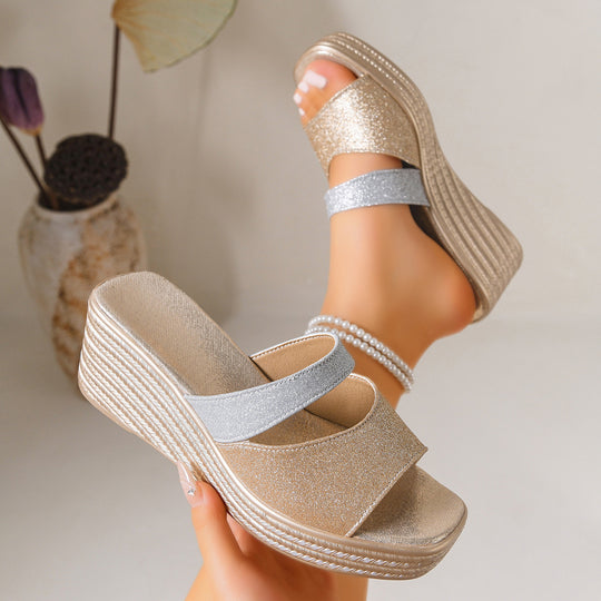 Damen Wedge-Pantoletten mit funkelnden Riemen und komfortablem Fußbett R&B