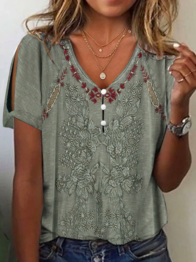 Damen Kurzarmbluse mit floralen Stickereien und Knopfdetails R&B