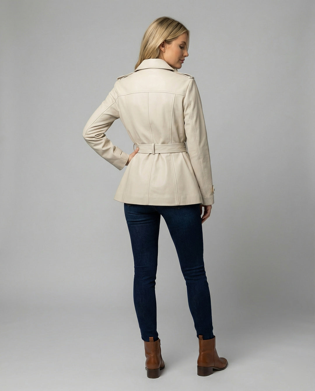 Damen übergangsjacke damen taillierter kurzer Trenchcoat mit Gürtel und doppelreihiger Knopfleiste R&B