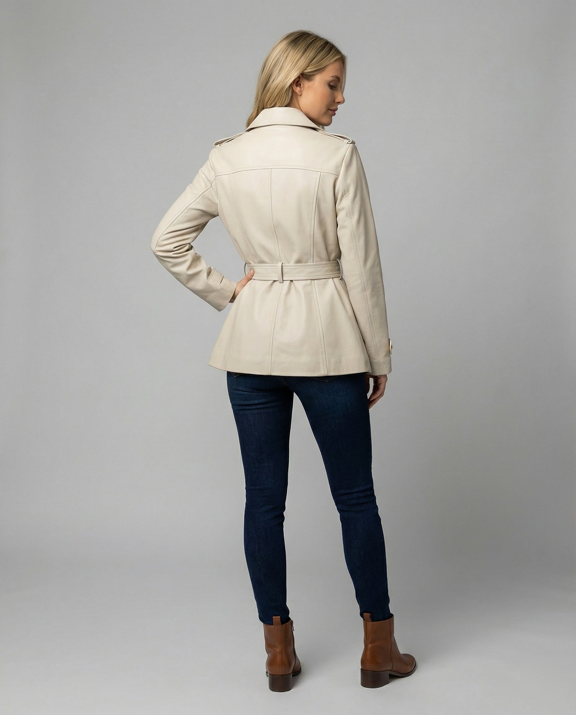Damen übergangsjacke damen taillierter kurzer Trenchcoat mit Gürtel und doppelreihiger Knopfleiste R&B