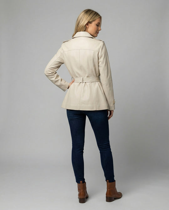 Damen übergangsjacke damen taillierter kurzer Trenchcoat mit Gürtel und doppelreihiger Knopfleiste R&B