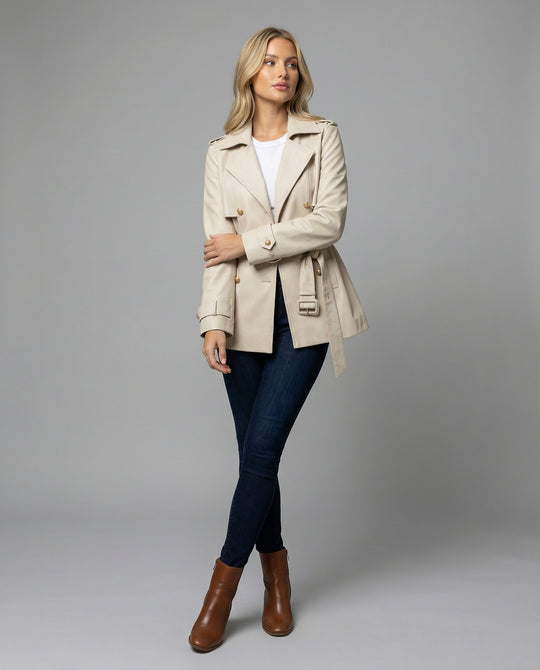 Damen übergangsjacke damen taillierter kurzer Trenchcoat mit Gürtel und doppelreihiger Knopfleiste R&B