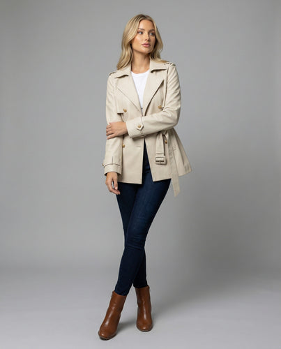 Damen übergangsjacke damen taillierter kurzer Trenchcoat mit Gürtel und doppelreihiger Knopfleiste R&B