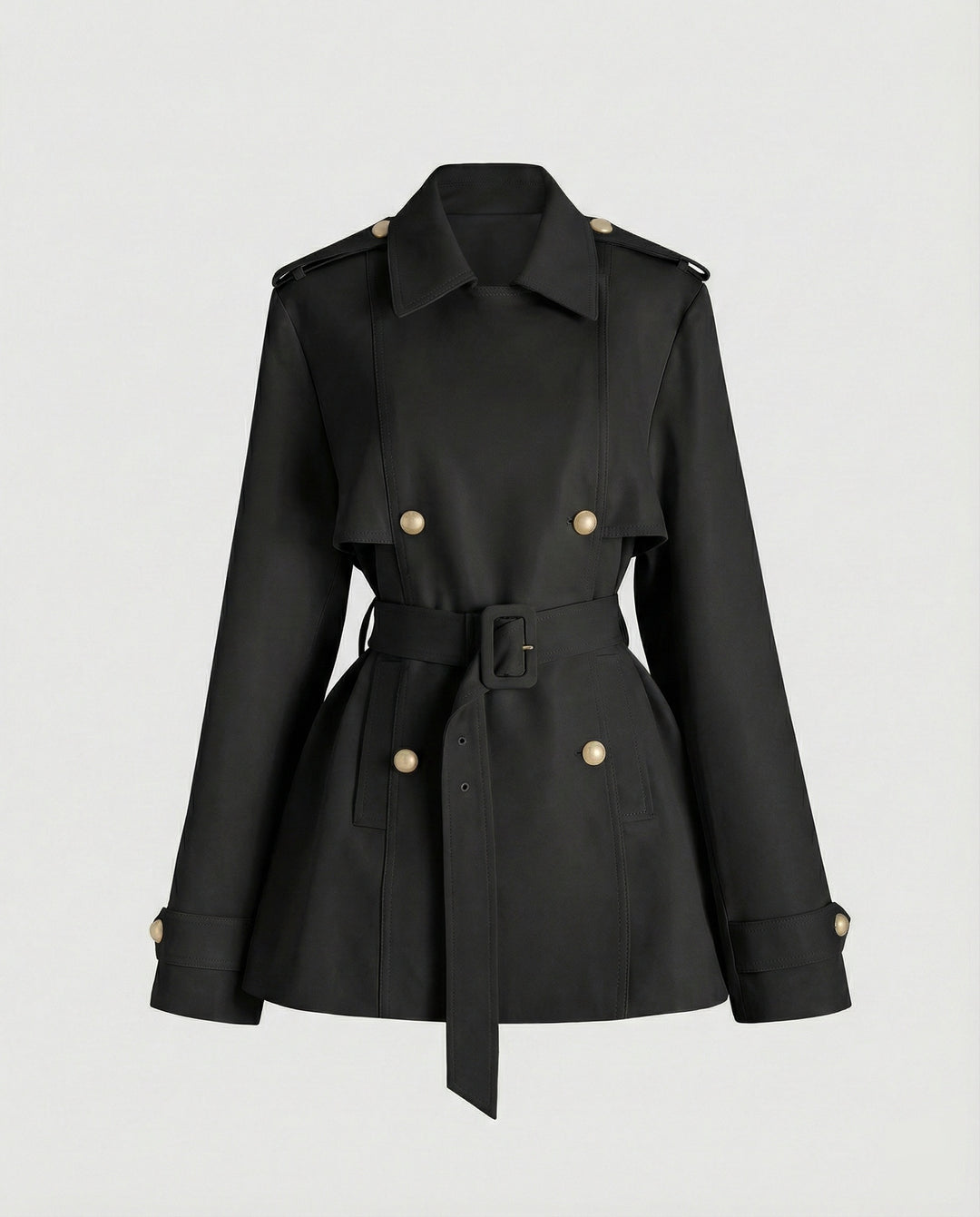 Damen übergangsjacke damen taillierter kurzer Trenchcoat mit Gürtel und doppelreihiger Knopfleiste R&B
