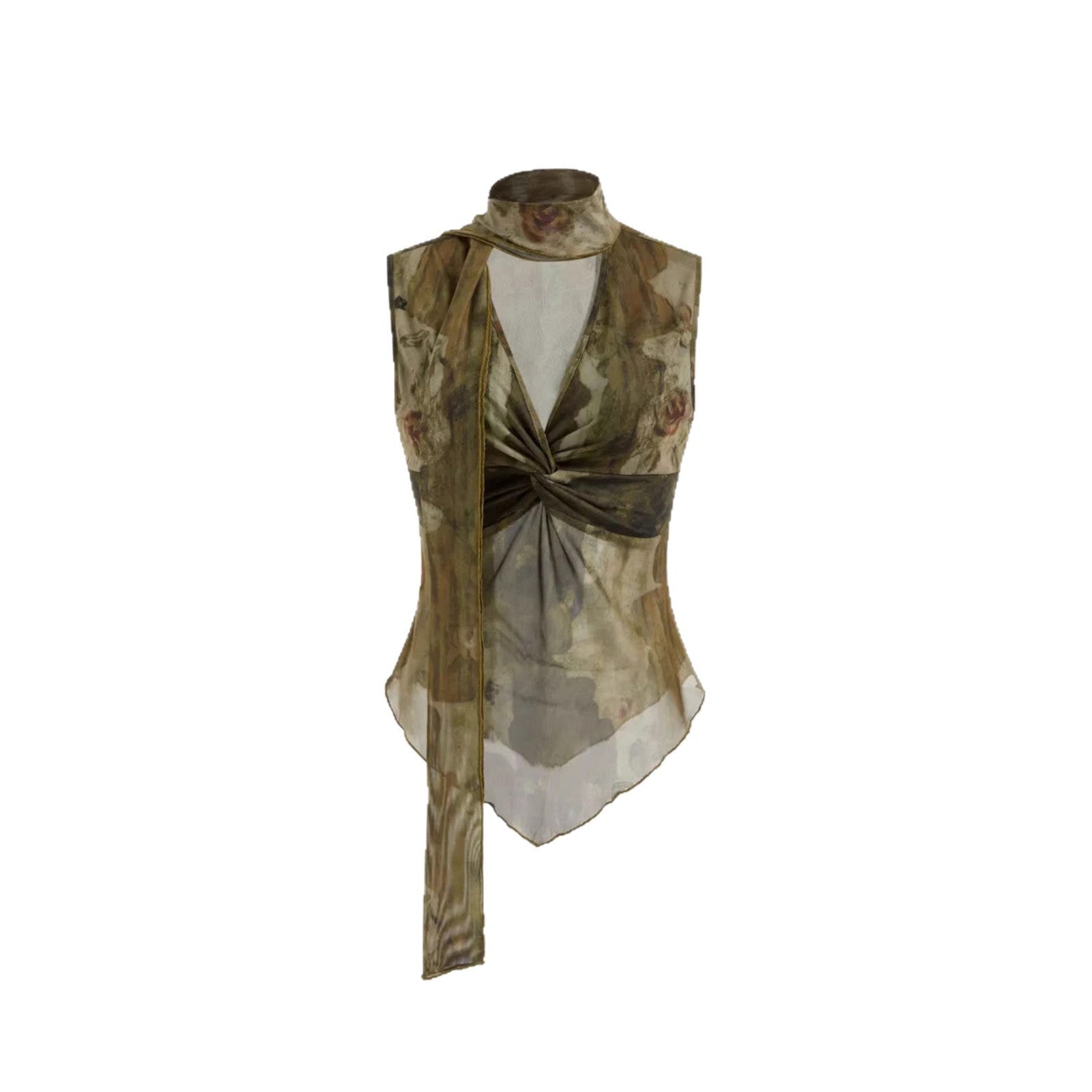 Damen Elegantes Top mit verstellbarem Kragen und transparenten Akzenten R&B