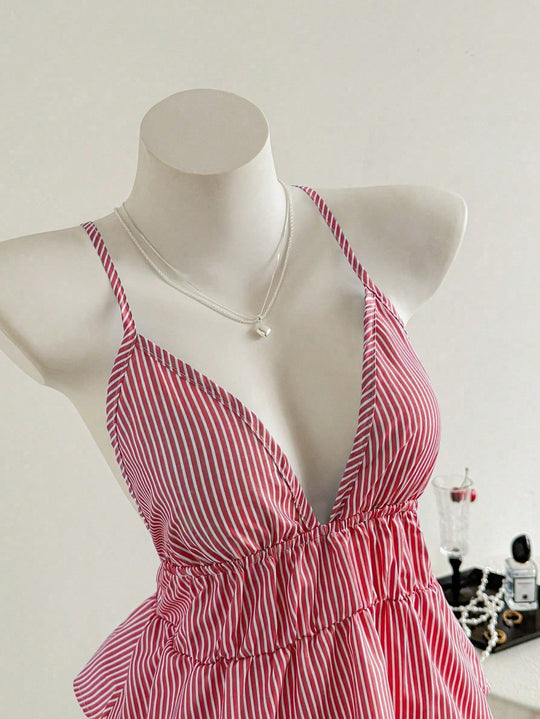 Damen elegantes Oberteil mit V-Ausschnitt und weich fallendem Rüschensaum R&B