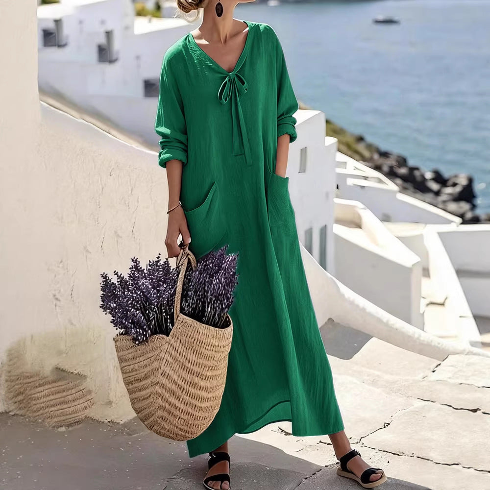 Damen Maxikleid mit seitlichen Taschen und Schleifendetails R&B