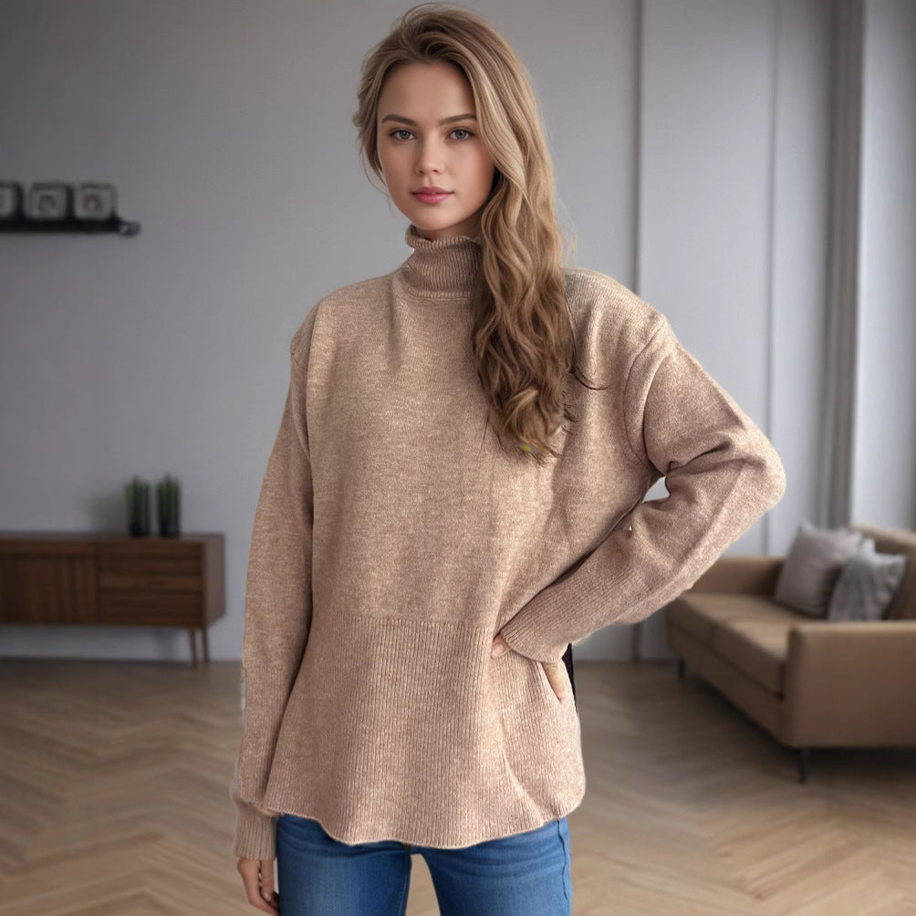 Damen Pullover mit hohem Kragen und asymmetrischem Saum R&B
