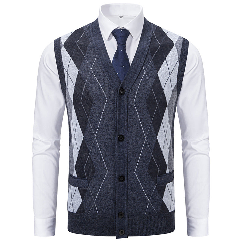 Herren elegante Strickweste mit klassischem Rautenmuster und praktischen Taschen R&B