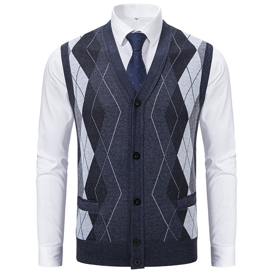 Herren elegante Strickweste mit klassischem Rautenmuster und praktischen Taschen R&B