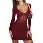 Damen figurbetontes Longsleeve Minikleid mit transparenten Einsätzen und Rüschendetails EB