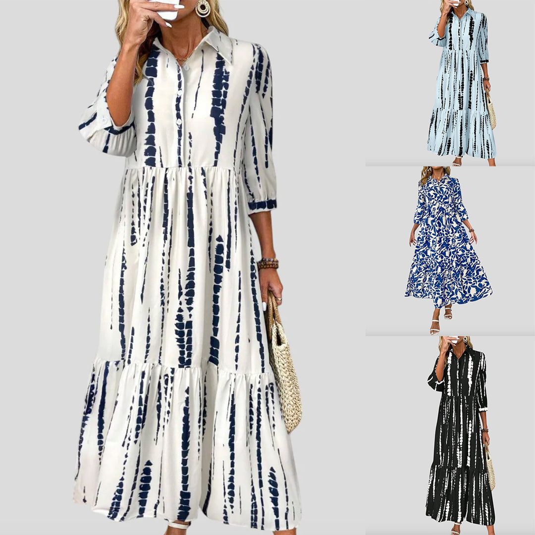 Damen Langarm Maxikleid mit modernen Streifenmuster und Taschen R&B