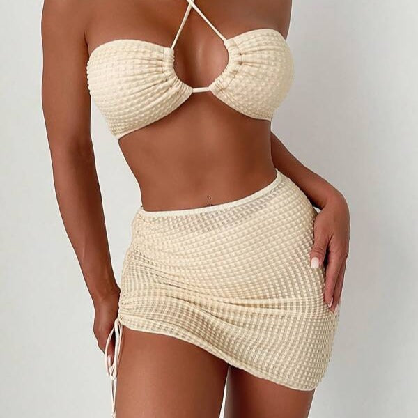 Damen Bandeau-Bikini mit verstellbaren Trägern und schnürbarem Rock R&B