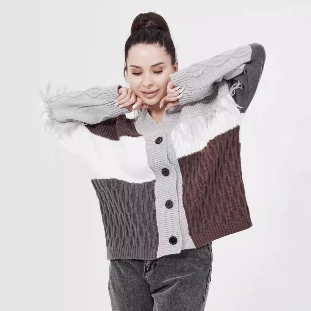 Damen Strickjacke mit modischem Blockstreifenmuster und klassischem Knopfverschluss R&B