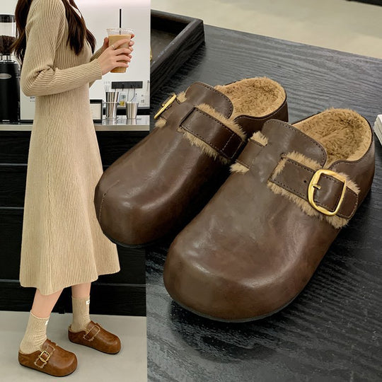 Damen Clogs mit hochwertigem Fellfutter und modischem Schnallenverschluss R&B