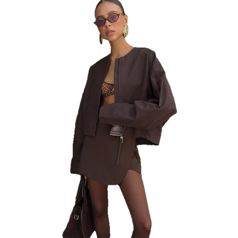 Damen modische cropped Jacke mit kurzem Schnitt und passendem Rock R&B