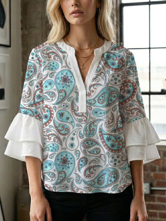 Damen Blusenshirt mit voluminösen Ärmeln und kreativem Druckdesign R&B