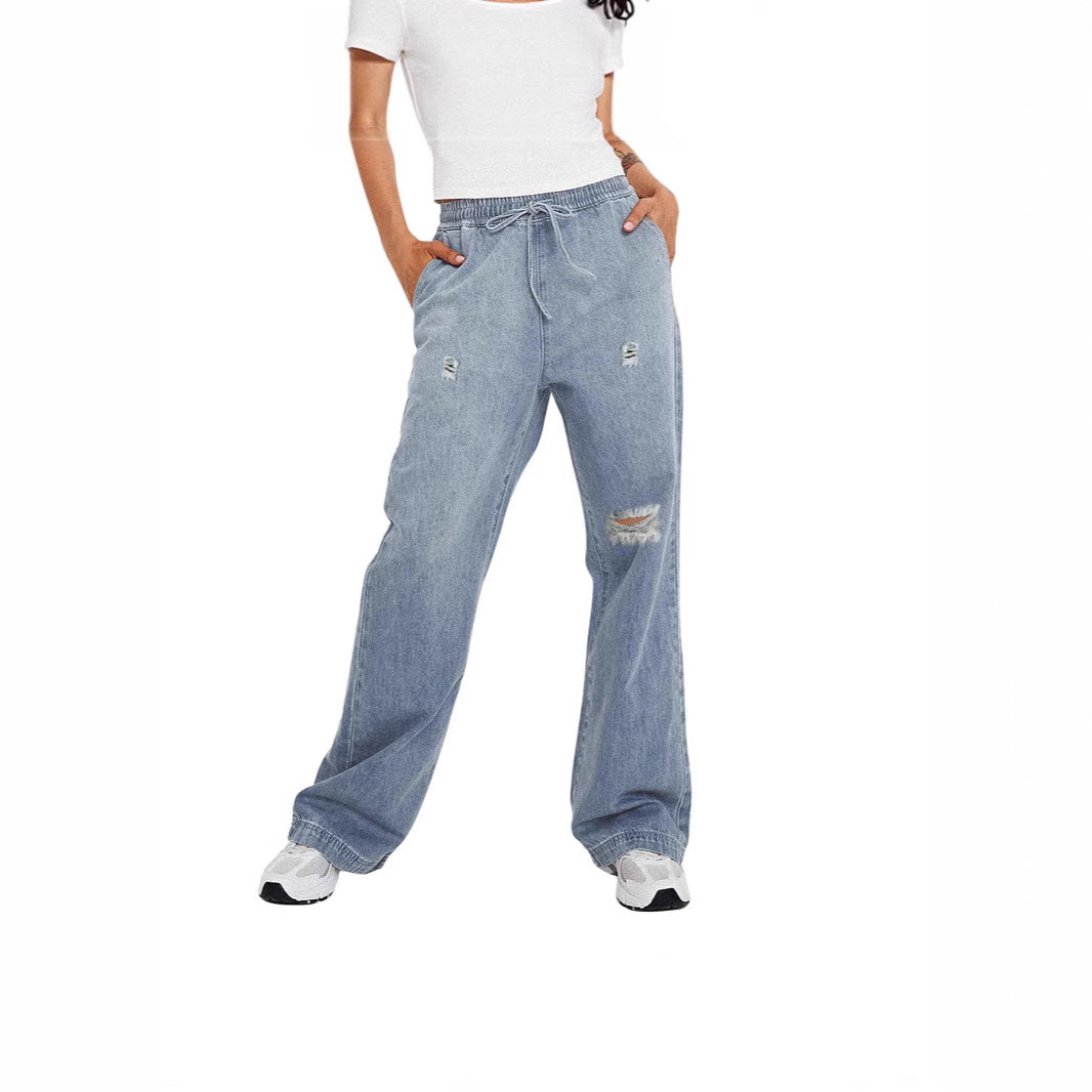 Damen lässige weite Denim-Hose mit elastischem Bund R&B