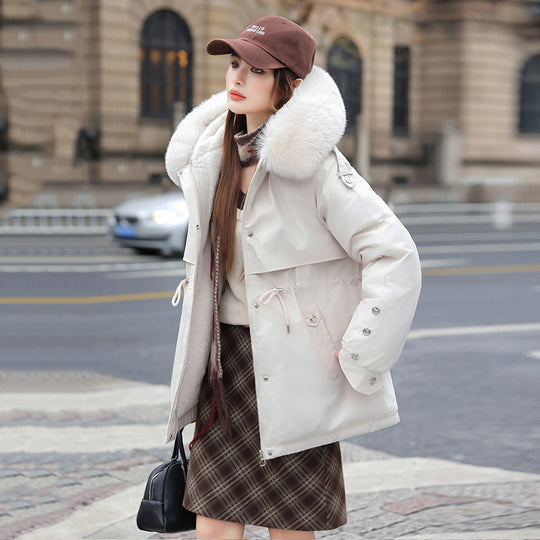 Damen Modischer Pufferparka mit luxuriösem Kunstfellkragen und praktischen Taschen R&B