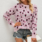 Damen verspielter Pullover mit Herz- und Leopardenmuster