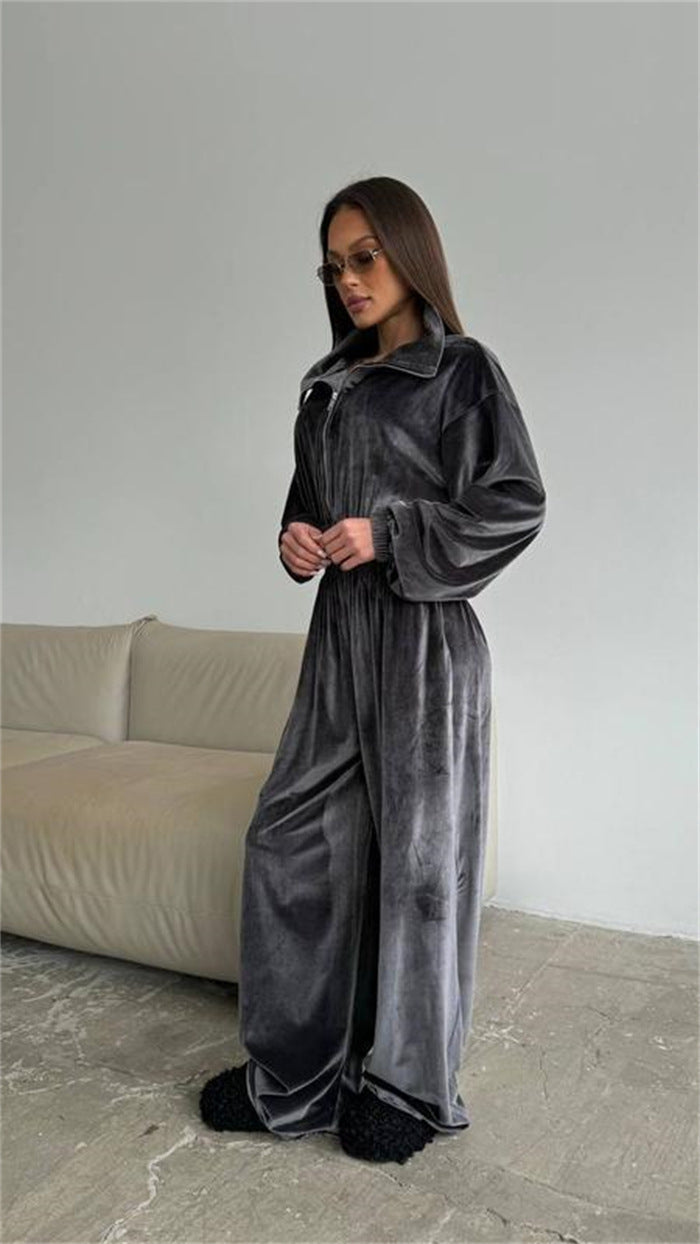 Damen Eleganter Fleece-Jumpsuit mit hohem Kragen und weit geschnittenen Beinen R&B