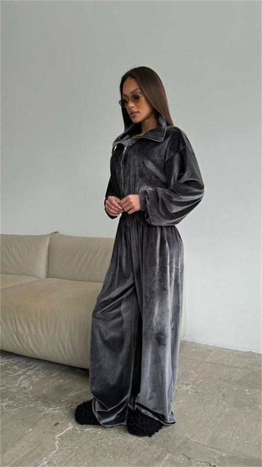 Damen Eleganter Fleece-Jumpsuit mit hohem Kragen und weit geschnittenen Beinen R&B