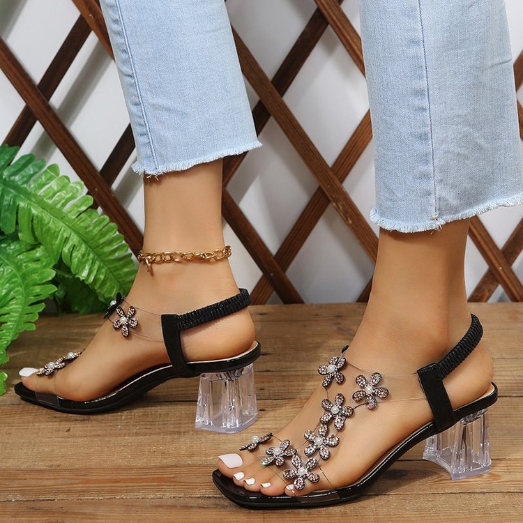 Damen Elegante Sandalen mit Blumenapplikationen und transparentem Absatz R&B