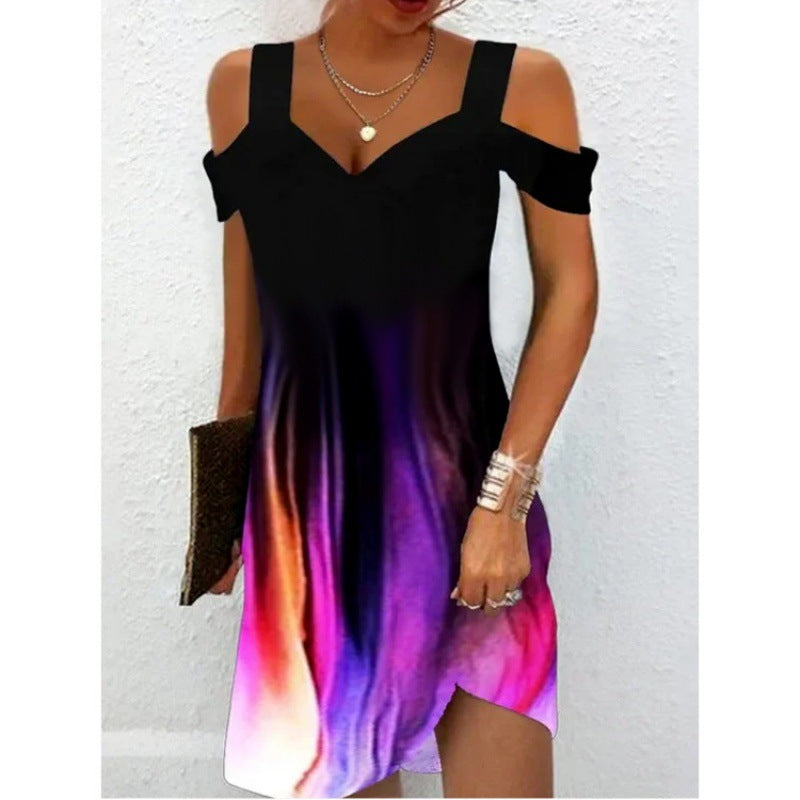 Damen Off-Shoulder Sommerkleid mit schwingendem Saum und aufregendem Spiraldesign R&B