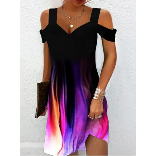 Damen Off-Shoulder Sommerkleid mit schwingendem Saum und aufregendem Spiraldesign R&B