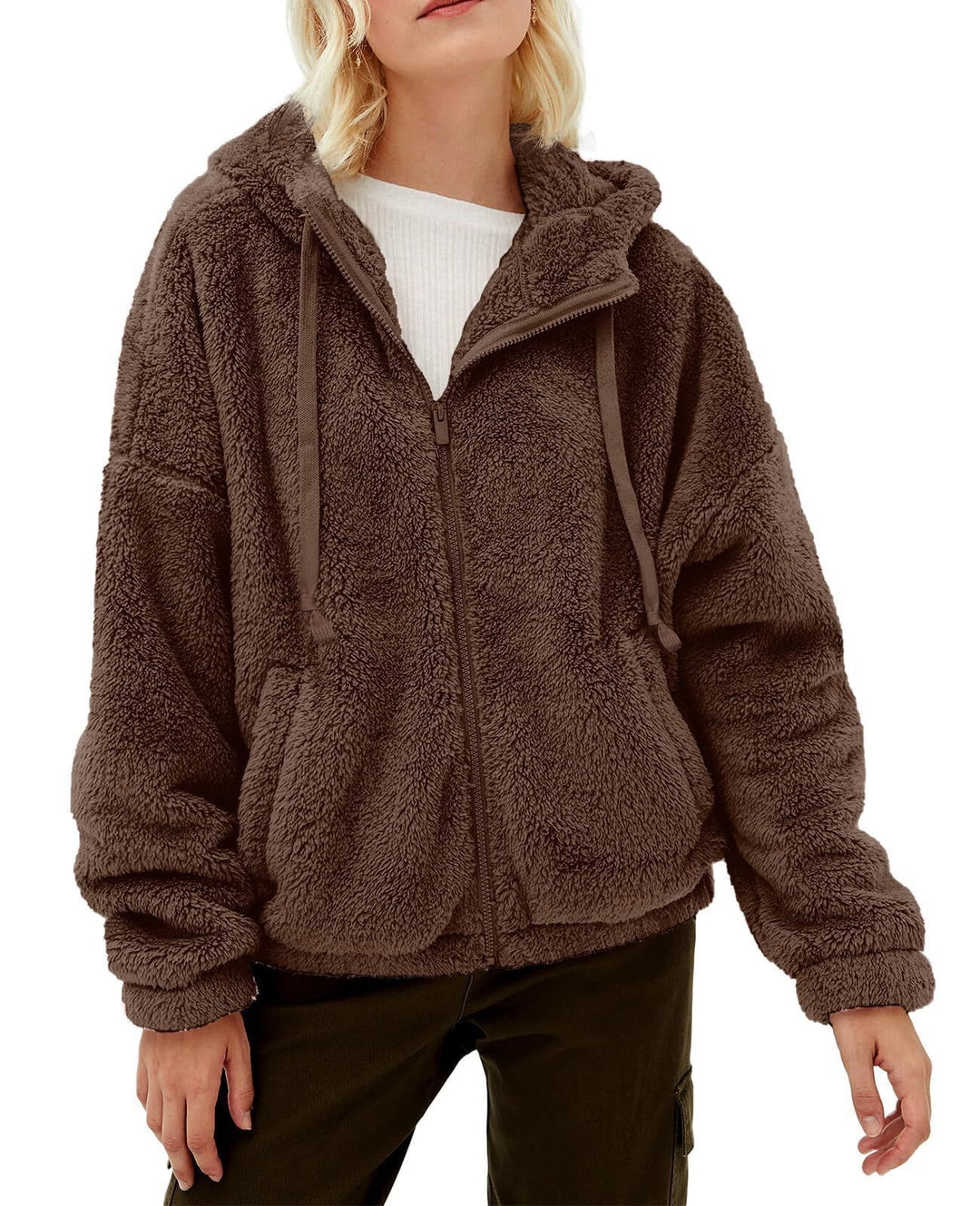 Damen Flauschige Plüschjacke mit Kapuze und Frontreißverschluss R&B