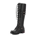 Damen Langer Schnür-Stiefel mit modischen Schnallen und robustem Profil