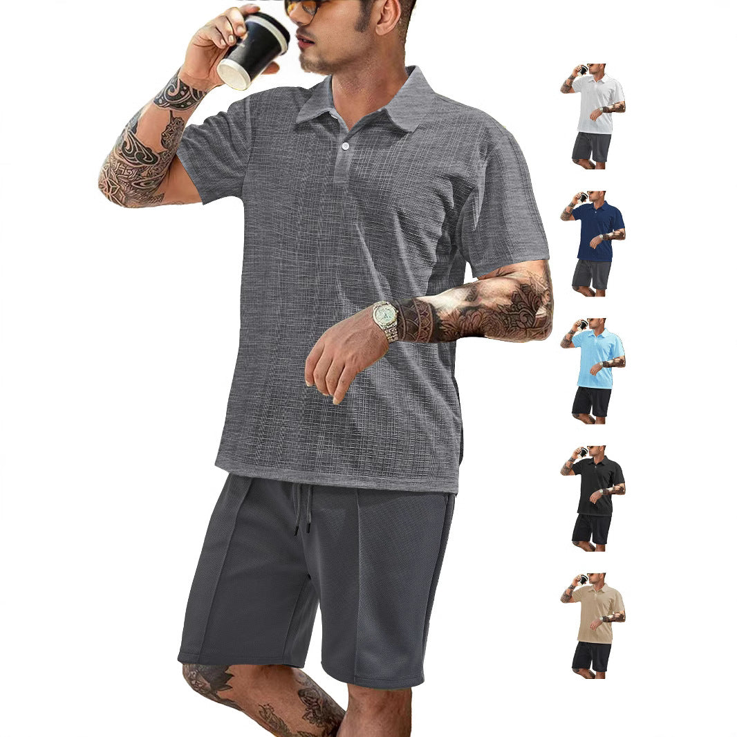 Herren nan zweiteiliges Sommer-Reise-Set mit texturiertem Kurzarm-Poloshirt und funktionalen Mesh-Shorts R&B