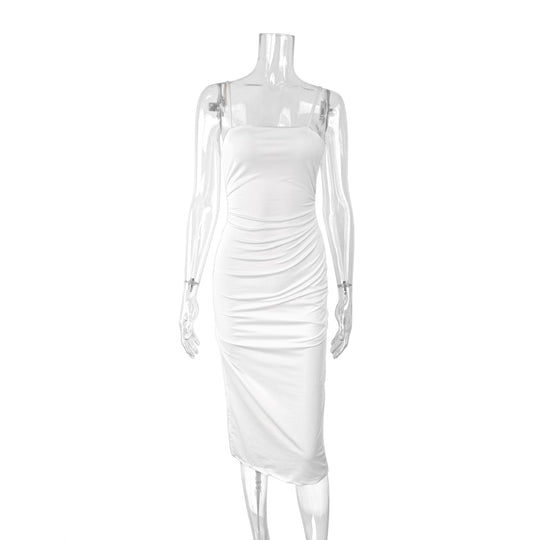 Damen figurbetontes Midi-Kleid mit schulterfreien Trägern und tiefem Schlitz R&B