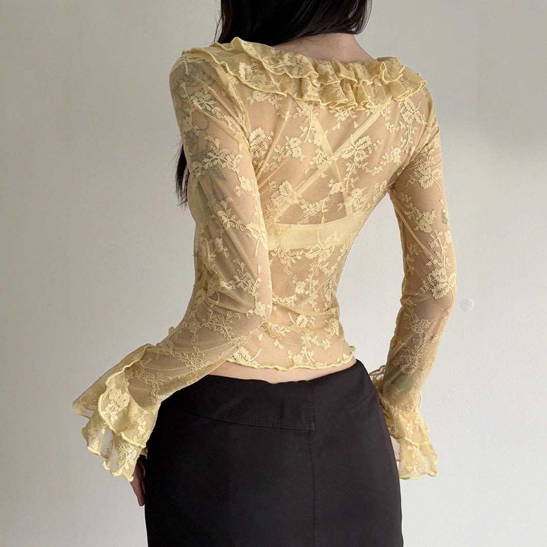 Damen Elegant verziertes Langarmoberteil aus Spitze mit Rüschen R&B