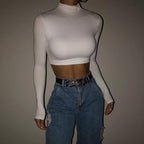 Damen Hochwertiges langärmliges Crop-Top mit Stehkragen R&B