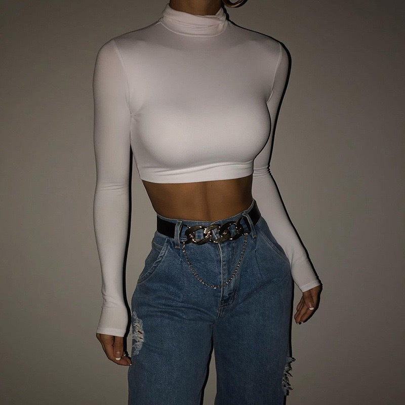 Damen Hochwertiges langärmliges Crop-Top mit Stehkragen R&B