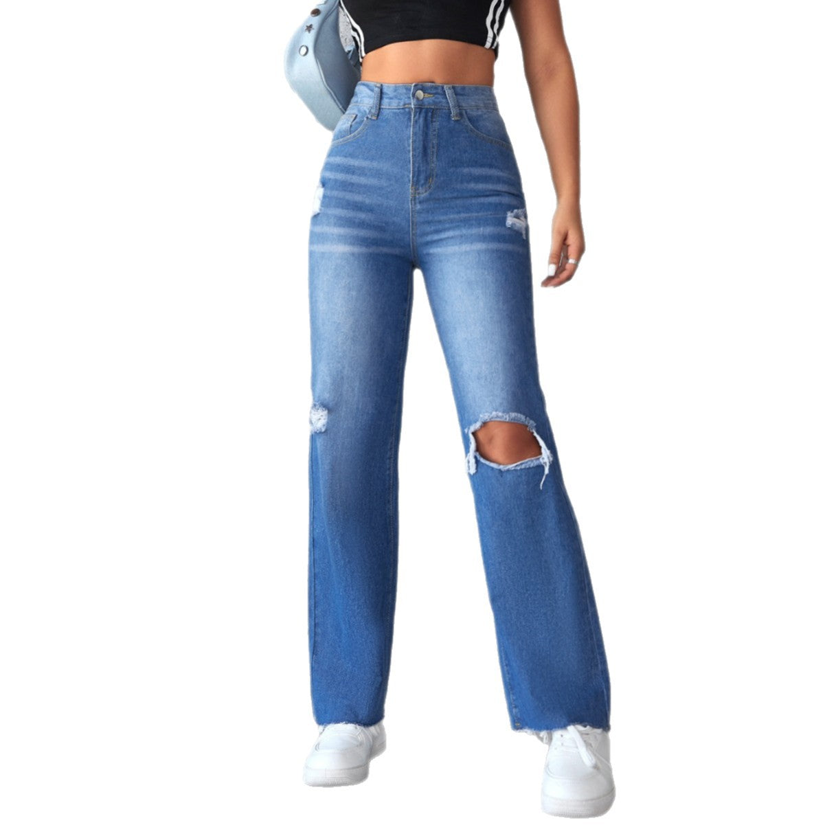 Damen Weit geschnittene Ripped Jeans mit hohem Bund R&B
