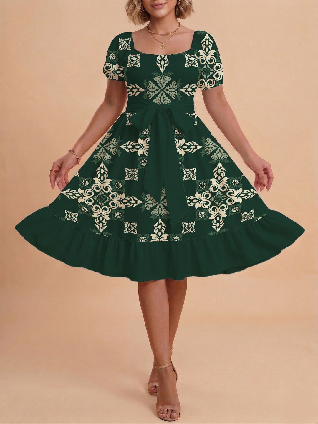 Damen Retro Maxikleid mit Puffärmeln und Taillengürtel R&B