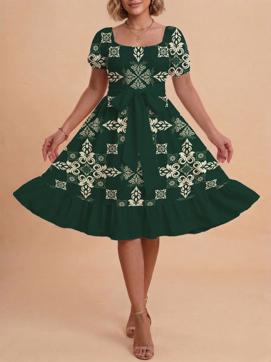Damen Retro Maxikleid mit Puffärmeln und Taillengürtel R&B