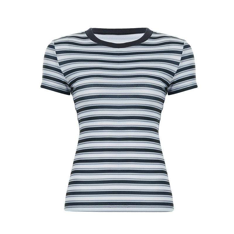 Damen Kurzarmshirt mit modernem Streifenmuster und elastischem Schnitt R&B