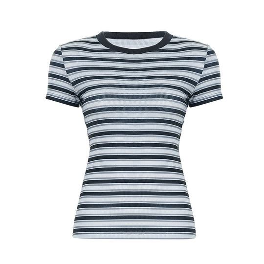 Damen Kurzarmshirt mit modernem Streifenmuster und elastischem Schnitt R&B