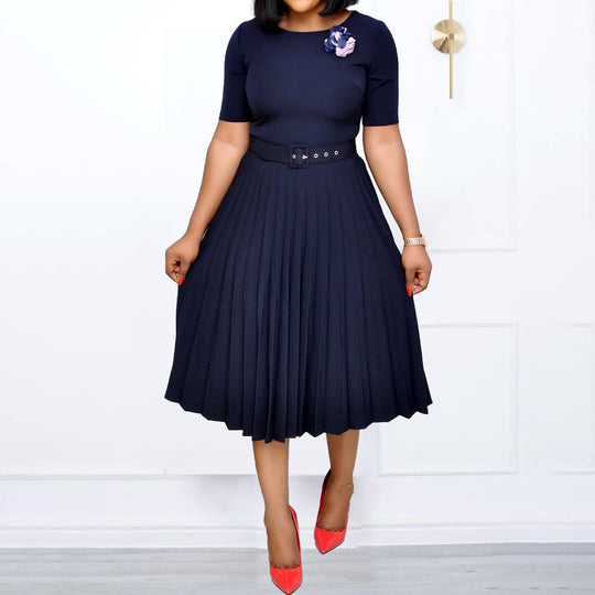 Damen Plissiertes Kleid mit Taillengürtel und eleganter Silhouette R&B