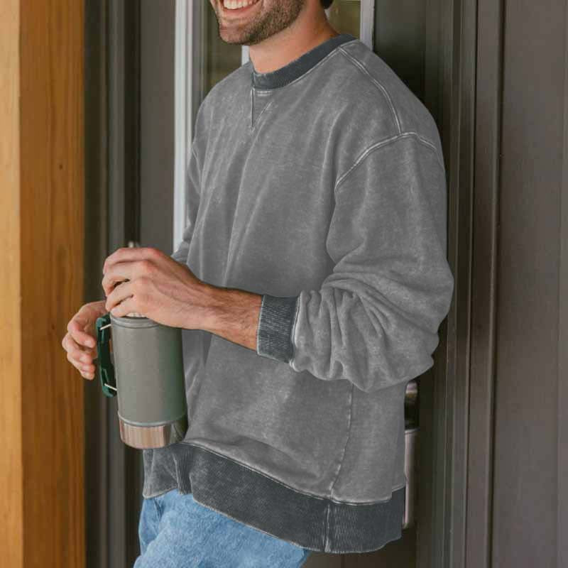 Herren lässiger Rundhals-Sweatshirt mit Vintage-Waschung und bequemen Bund