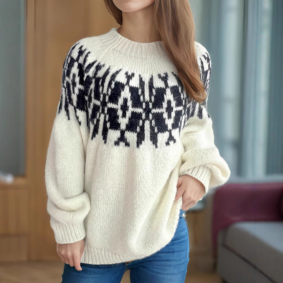 Damen Strickpullover mit voluminösen Ärmeln und modernem Muster R&B