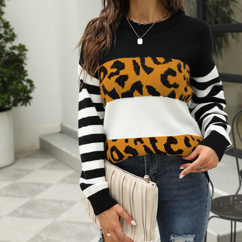 Damen modischer Pullover mit auffälligem Leopardenmuster und gestreiften Ärmeln R&B